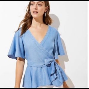 LOFT Plus Chambray Flutter Wrap Top size 16